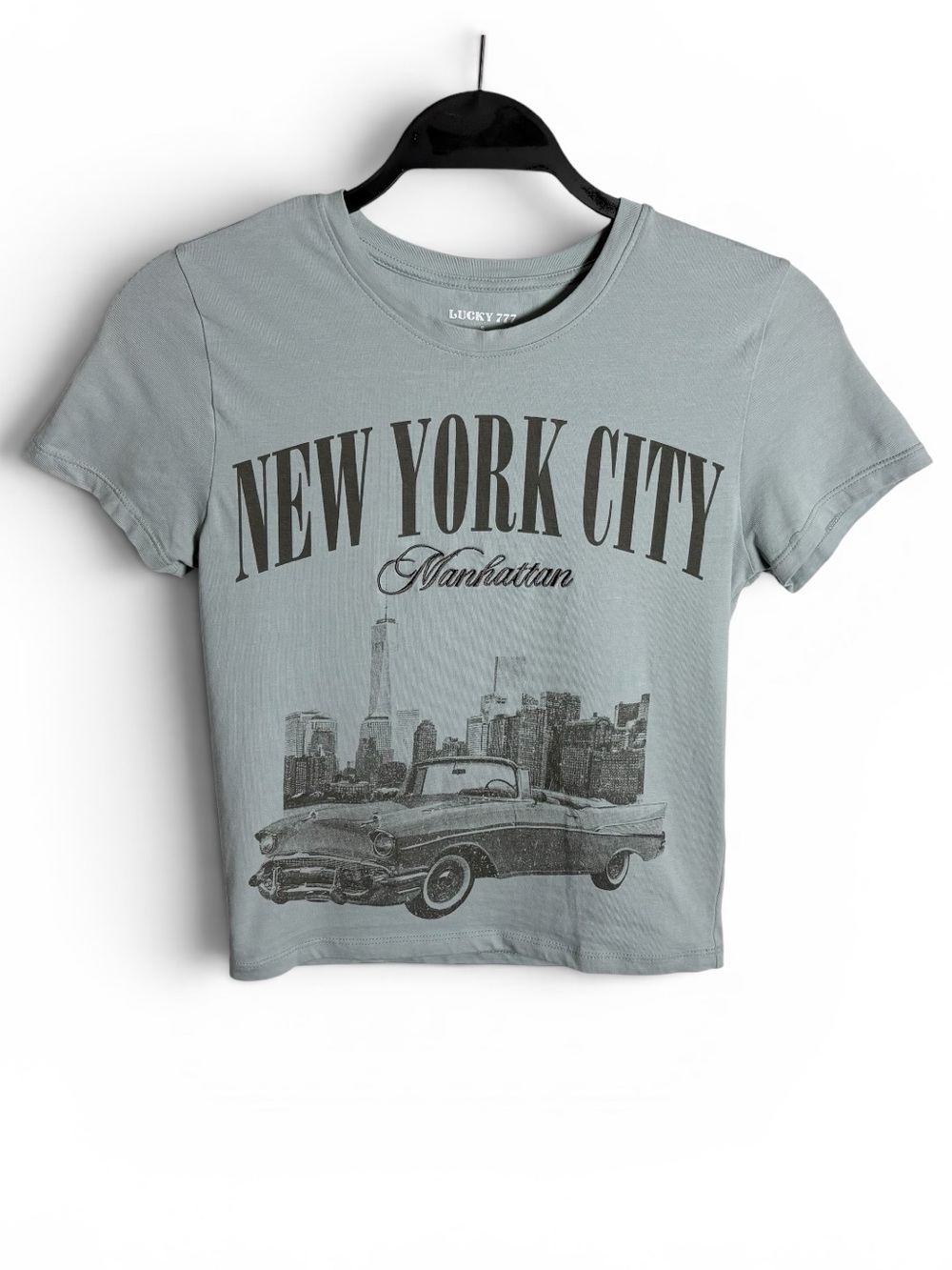 Lucky 777 Light Blue  "New York City" Crop Baby Doll Crew Neck Tee-Shirt